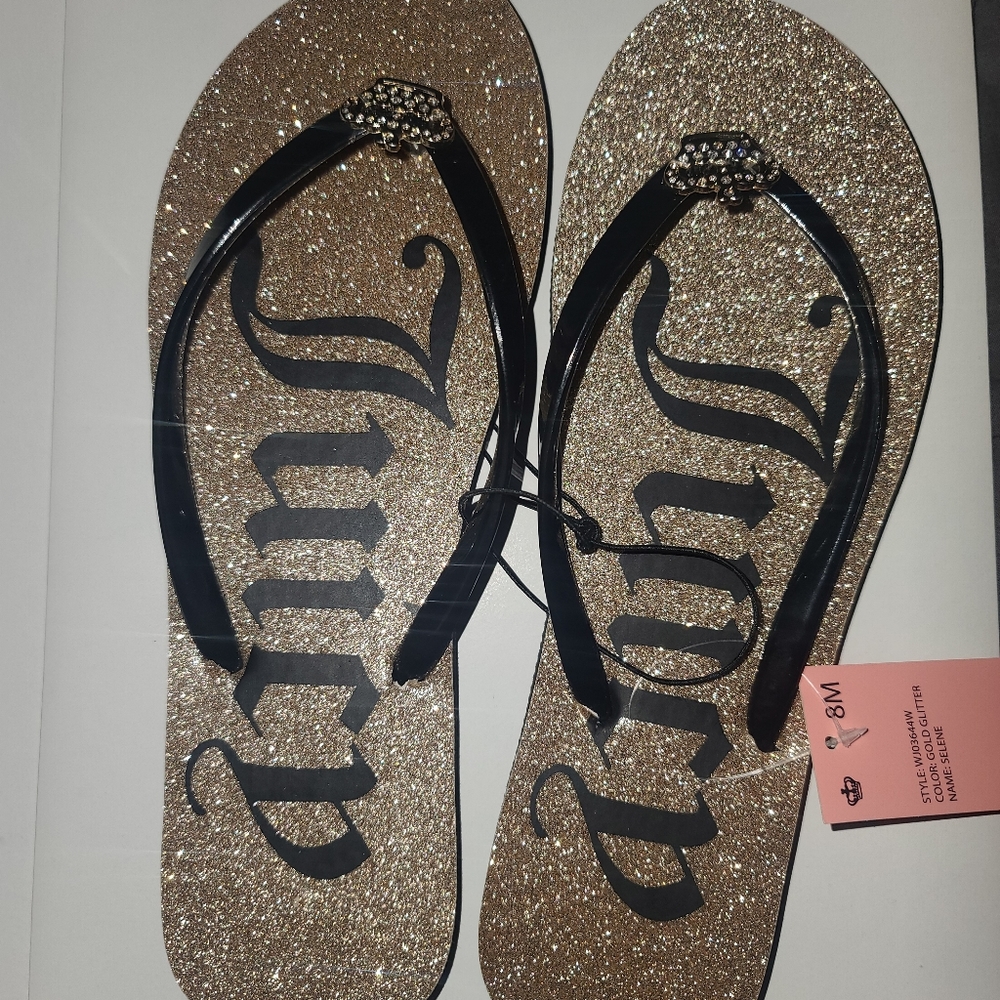 Juicy Couture Selene Gold Glitter/Black flip flops